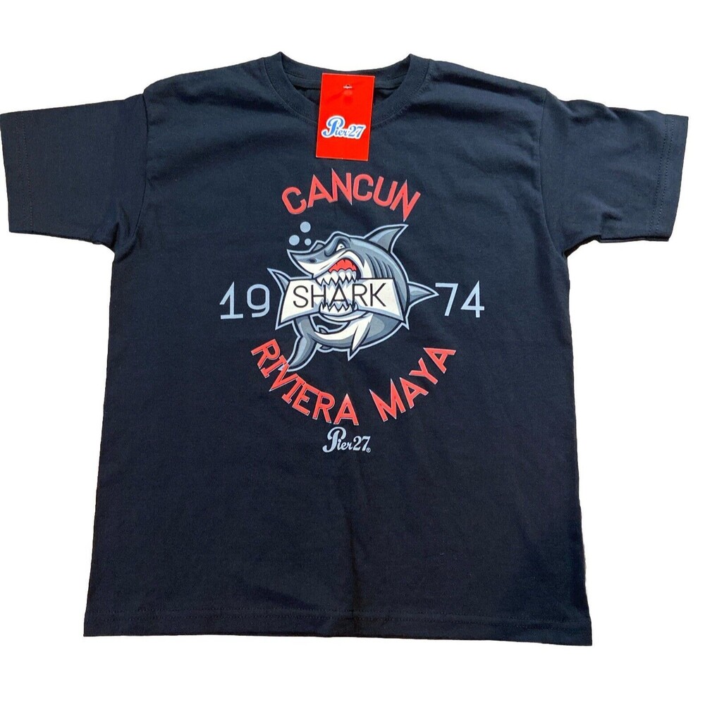 Pier 27 Riviera Maya Cancun Mexico Boys Youth Medium Shark Black T-Shirt Cotton